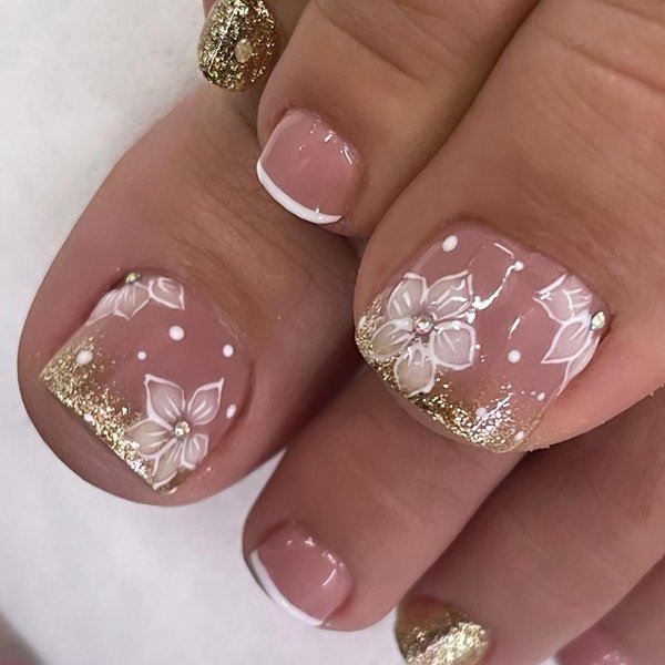 24Pcs Flower Press On Toe Nails for Women French Tip Fake Toenail with Gold Glitter Rhinestones Designs Glossy Fashion False Toenail Full Cover Acrylic Nails Art DIY Foot Nails Design Toenail Tips