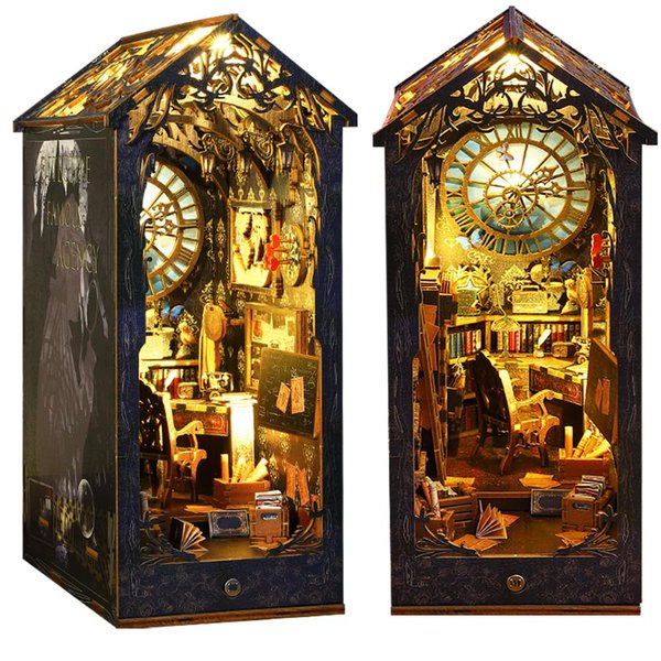 DIY Book Nook Kit Decor - 3D Wooden Puzzle Bookshelf Decor with LED, Bookend Diorama DIY Miniature Dollhouse Kit Crafts Hobbies Gifts for Adults (Detective Agency)