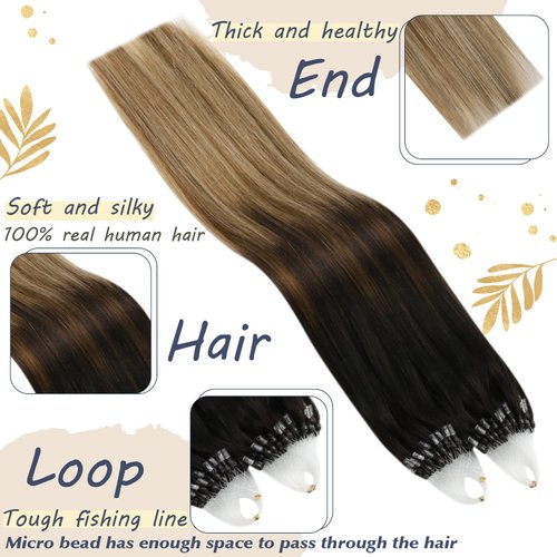 Ugeat Micro Link Hair Extensions Human Hair Ombre Darkest Brown to Medium Brown Mix Ash Blonde Micro Ring Hair Extensions For Short Hair Micro Extensions Human Hair 14 Inch 50s