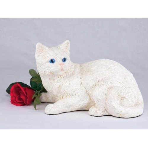 Cat, Shorthair All White Cremation Pet Urn for Secure Installation of Your Beloved pet's Ashes Indoors or Outdoors. Rose NOT Included