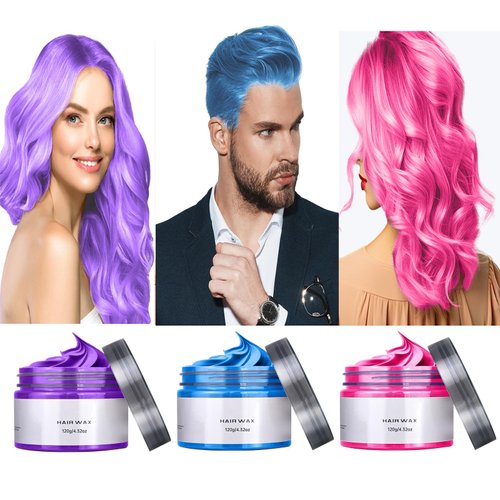 Temporary Hair Color Wax, Hair Color Dye Gift for Girls Kids Age 4 5 6 7 8 9 10+, 3 Color Men&Women Hair Styling Clays Strong Hold Pomade for Birthday Christmas Cosplay(Blue+Pink+Purple)