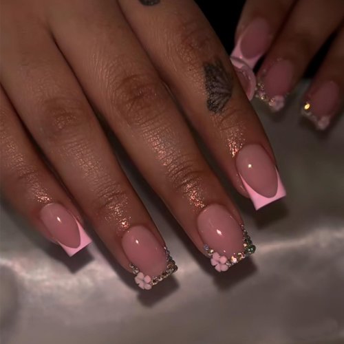 MERVF Square Press on Nails Medium Fake Nails Press ons Pink French Tip Glue on Nails with Rhinestones Design Squoval Flower Acrylic False Nails Glossy 24pcs