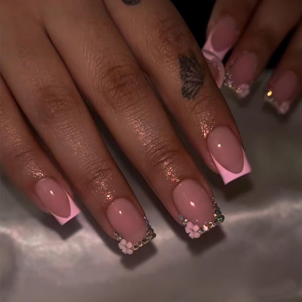 MERVF Square Press on Nails Medium Fake Nails Press ons Pink French Tip Glue on Nails with Rhinestones Design Squoval Flower Acrylic False Nails Glossy 24pcs