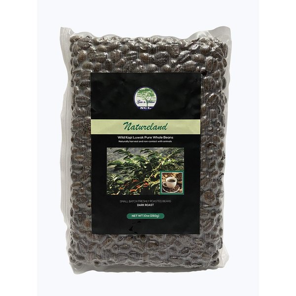 NATURELAND Specialty Roasted Coffee Beans (Black Label Wild Kopi Luwak Coffee Beans Dark Roast, 10oz clear bag) Wild Civet Cat Coffee Sourced from the best regions of Vietnam Ethically produced cat poop coffee