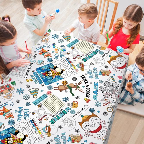 HERZOME Christmas Coloring Tablecloth for Kids, 54x108 Inch, Giant Activity Color-in Disposable Paper Poster Table Cover, Christmas Decorations Gifts Games