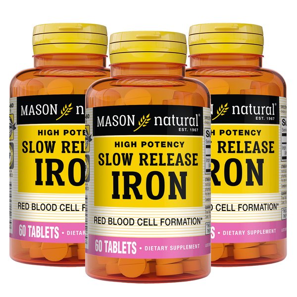 Mason Natural Slow Release Iron (Ferrous Sulfate) - Supports Red Blood Cell Formation, Gentle on Stomach, High Potency Iron Supplement, 60 Tablets (Pack of 3)
