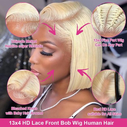 FJsuprise Blonde Bob Wigs Human Hair 613 Lace Front Bob Wigs Human Hair Pre Plucked 13x4 HD Transparent Lace Frontal Bob Wigs For Black Women Glueless Short Straight Bob Wig With Baby Hair 14 Inch