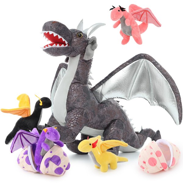 MaoGoLan 7 Pcs Dragon Plush Stuffed Animal Family,Giant Mom Stuffed Dragon Plush with Babies Inside,Dragon Plush Toy with 4 Babies and 2 Eggs Plush for Kids Birthday
