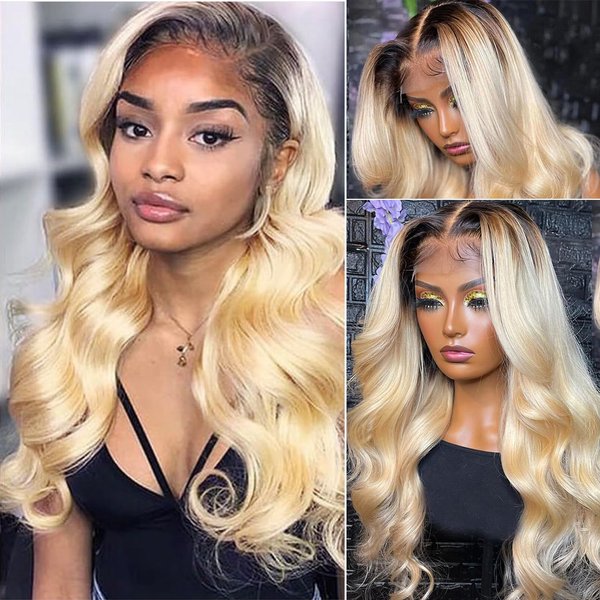 Smavida HD Lace Front Wigs Human Hair for Black Women,150% Density Ombre 613 Blonde Free Part Colored Lace Frontal Human Hair Wig Dark Root Body Wave Wig Pre Plucked with Baby Hair 24inch