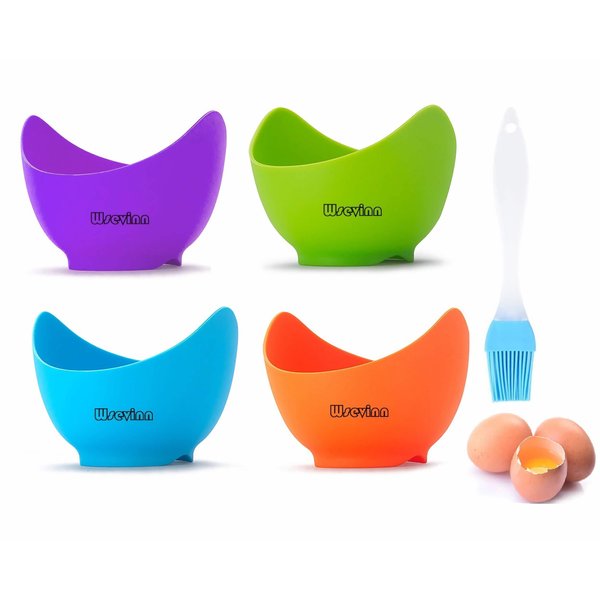 Poached Egg Cooker, Egg Poachers Silicone Egg Poacher Cups with Ring Standers, Non Stick Egg Poaching Cup for Microwave Stovetop Air Fryer Egg Cooking, 4 Pack, Extra Oil Brush Included
