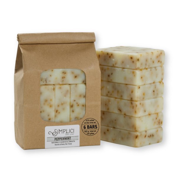 Simplici Peppermint Natural Soap (exfoliating + pure essential oils) 6 Bar Value Bag. Palm Free.