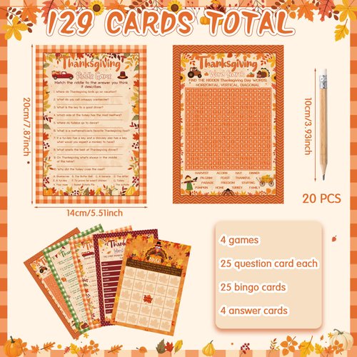Pasimy 149 Pcs Thanksgiving Party Games 25 Players Thanksgiving Word Search Scramble Bingo Card Trivia Game for Fall Thanksgiving Family Activities Party Game Supplies