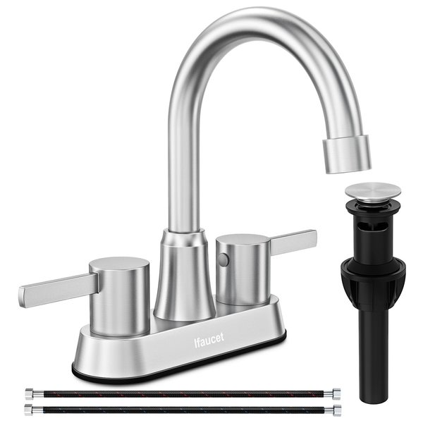 Bathroom Faucets, Bathroom Faucet 3 Hole, Bathroom Sink Faucet, Faucet for Bathroom Sink 4 Inch 2 Handle Centerset, Lead-Free, with Copper Pop Up Drain (Brushed Nickel)