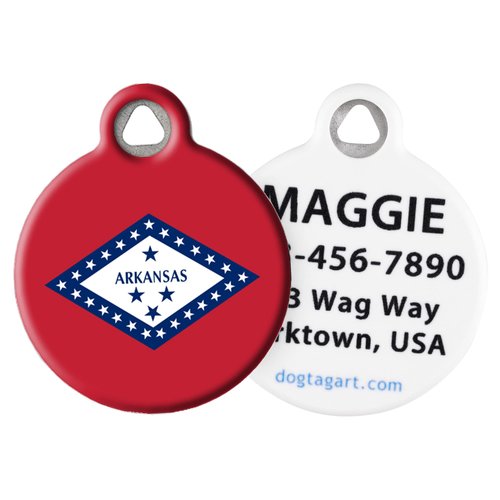 Dog Tag Art Arkansas State Flag Personalized Pet ID Tag for Dogs and Cats, Silent Polymer Coated Stainless Steel Arkansan Flag Nametag with Customized Identification Information - Small .875" Diameter