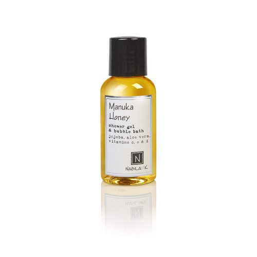 Nabila K Shower Gel & Bubble Bath - Body Wash for Men & Women - Non-Drying Formula with Jojoba, Aloe Vera, And Vitamins C, E & D - Naturally Derived Ingredients - Travel Size - Manuka Honey - 2.4 oz