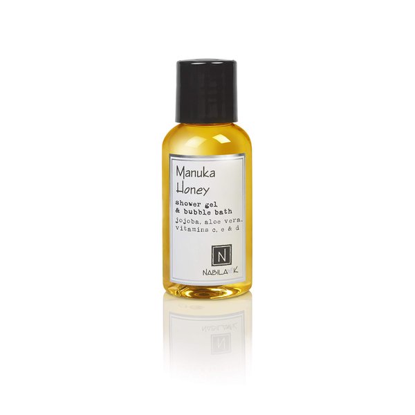 Nabila K Shower Gel & Bubble Bath - Body Wash for Men & Women - Non-Drying Formula with Jojoba, Aloe Vera, And Vitamins C, E & D - Naturally Derived Ingredients - Travel Size - Manuka Honey - 2.4 oz
