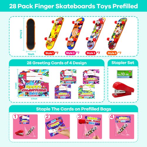28 Pack Prefilled Valentines Cards for Kids Finger Skateboards Classroom Exchange Gifts for Student, Valentines Finger Sports for Boy Girl Valentines Party Favors Class Prizes Goodie Bag Stuffers