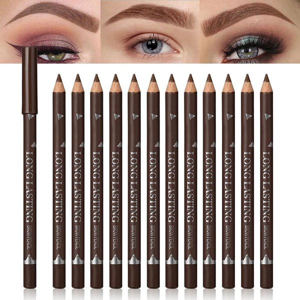 12Pcs brow pencil, wooden hard-core eyebrow pencils, eyebrow pencil medium brown, eyebrow and eyeliner pencils, waterproof and sweat-proof, beginner makeup eyebrow pencil, medium brown