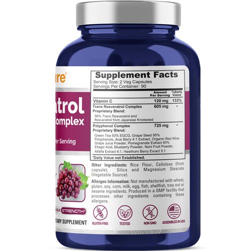 NusaPure Resveratrol & Polyphenol Complex 1450mg 180 Vegetarian Caps (Non-GMO, Gluten Free) Vitamin C