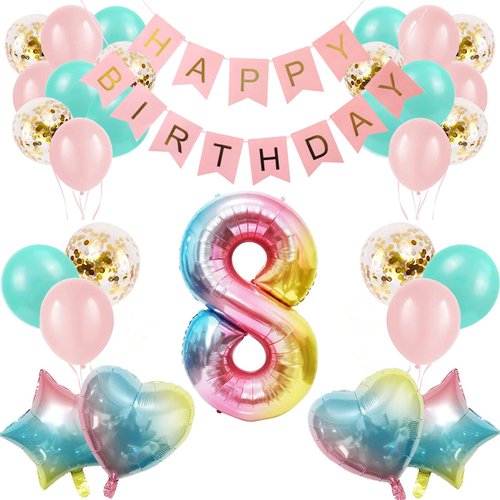 8th Birthday Decorations for Girls Gradient color Age 8 Birthday Balloons with Happy Birthday Banner for Baby showers Eighth Birthday Party Supplies for Girls Boys (8th-Birthday)