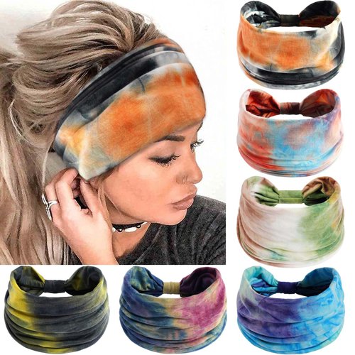 SAWINDA 6 Pack Wide Headbands for Women Boho Twist Knotted Head Bands Elastic Stretchy Hair Bands Non-Slip for Girls Vintage Knotted Head Wraps Turbans Yoga Workout Hair Accessories (Dyeing)
