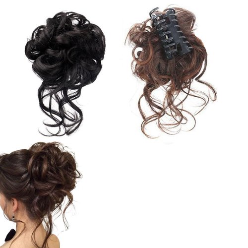 GUEDKIKL 2Pcs Messy Bun Hair Piece Claw Clip, Synthetic Hair Bun Chignon Messy Curly Hair Clip Wavy Ponytail Hairpieces Faux Hair Bun Extensions for Women Girls