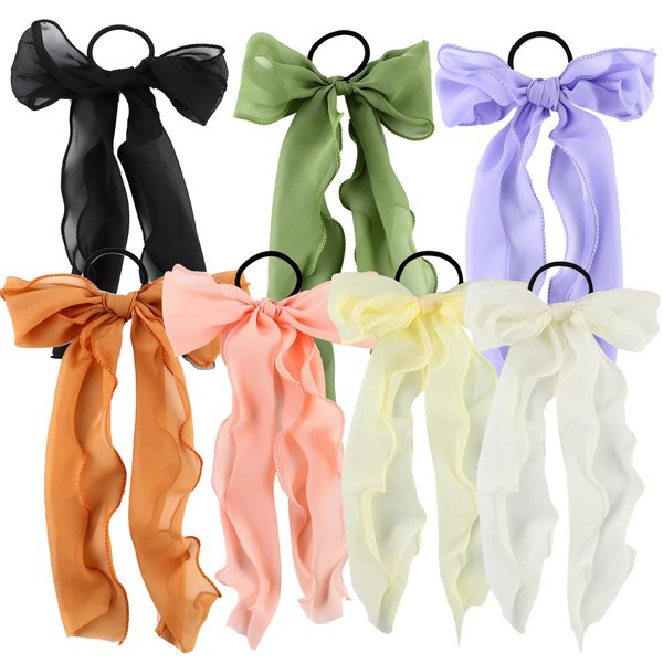 HLTOO 7PCS Chiffon Ribbon Bow Hair Ties, Elastics Hair Scarf Scrunchies, Long Ponytail Holder, Colourful Hair Bands, for Women and Girls, 7 Colors