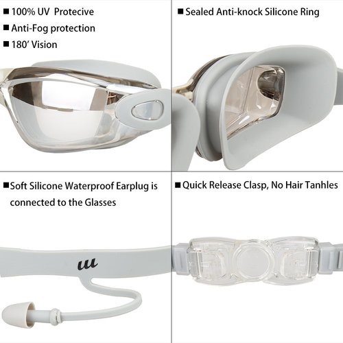 Aokelily Swim Goggles and Cap Set 4 in 1, UV 400 Protection Lenses Clear Anti-Fog Swimming Goggles Waterproof No Leaking with Nose Clip + Ear Plugs for Adult Men Women Kids (Gray)