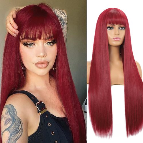 Sylhair Black Straight Wigs with Bangs Long 30 Inch Synthetic Hair Wig for Women
