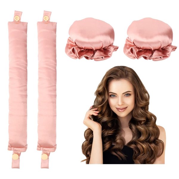 Heatless Hair Curler,2PCS Satin Heatless Curls Set,Heatless Curlers Headband with Hairnet,Hair Curlers No Heat,Heatless Curling Set For Sleeping Overnight, Lazy Curlers DIY Hair Styling Tools (Pink)