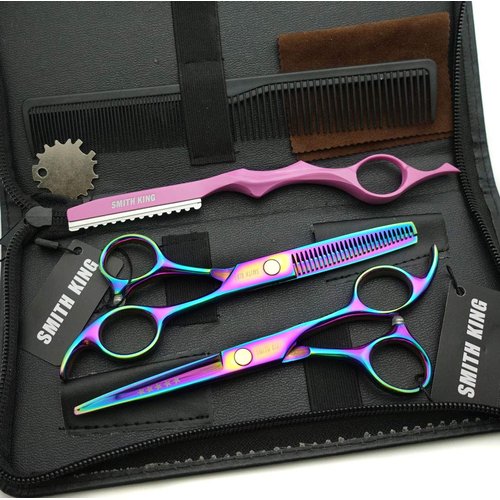 5.5 Inches Hair Cutting Scissors Set with Razor Combs Lether Scissors Case,Hair Cutting Shears Hair Thinning Shears for Personal and Professional (Raibow)