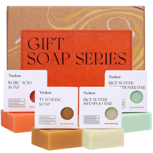 Yeokoe 4 Bars Turmeric Soap Bar and Shampoo Bar, for Body, Face and Hair,Rice Water Shampoo Bars and Conditioner Set for Strengthening Hair,Deep Cleansing & Moisturizing,Travel Toiletries,Gift Choice