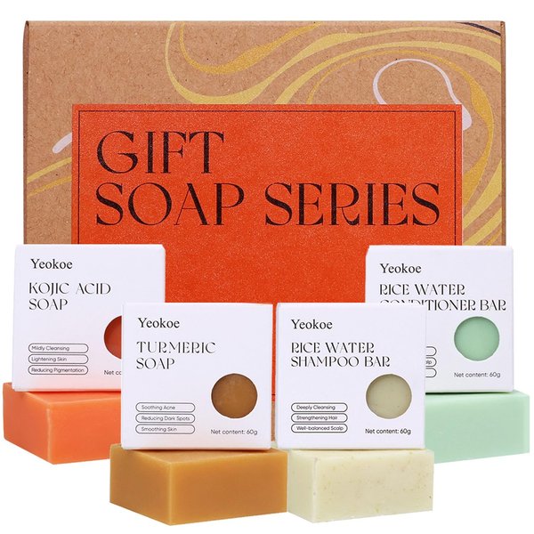 Yeokoe 4 Bars Turmeric Soap Bar and Shampoo Bar, for Body, Face and Hair,Rice Water Shampoo Bars and Conditioner Set for Strengthening Hair,Deep Cleansing & Moisturizing,Travel Toiletries,Gift Choice