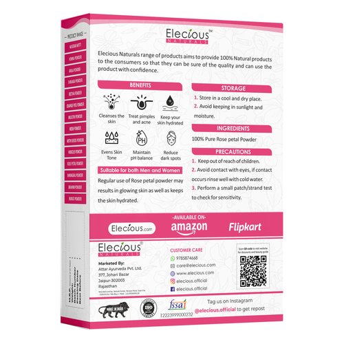 Elecious Pure Rose Petals Powder for Face, Skin and Hair Chemical-Free, Preservative Free, Non-GMO, No Artificial Color Added Moisturizes Dry Hair Cells 200gm