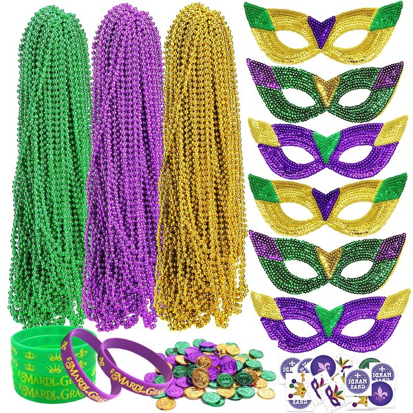 Elefama 192 PCS Mardi Gras Party Favors Set for Women Men Mardi Gras Accessories Bulk with Mardia Gras Beads Necklaces Masks Coins Tattoos Bands Mardi Gras Decorations for Party Supplies