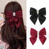 2PCS Silky Satin Rhinestone Hair Bows Hair Clip Hair Ribbon Ponytail Holder Accessories Slides Metal Clips Hair Bow for Women Girls Toddlers (Black+red Rhinestone)