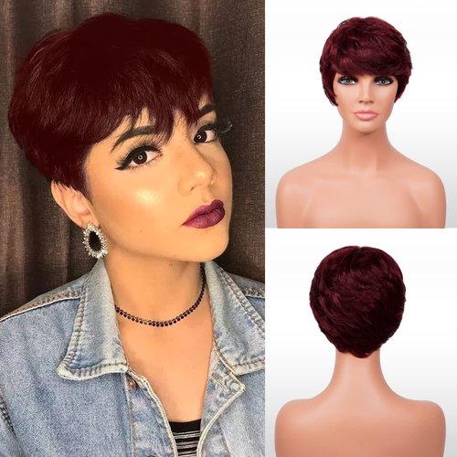 INSTANT FAB Short Human Hair Wigs Pixie Cut Wigs for Black Women Short Pixie Hairstyles Layered Wavy Tapered Back Non Lace Front Wigs - TOPAZ (99J)