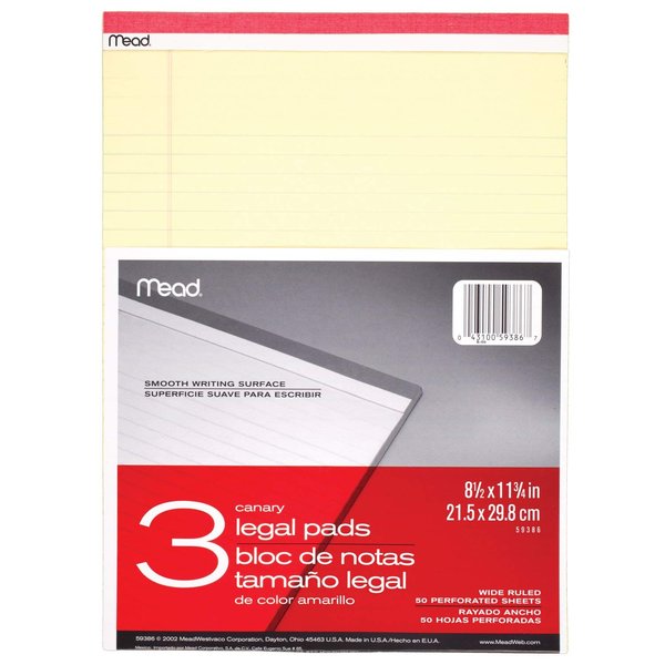 Mead Legal Pad Writing Pads, 3 Pack, Wide Ruled Paper, 8-1/2" x 11-3/4", 50 Sheets, Great for Use as Home Office Supplies, Memo Pads, Note Pads, or Steno Pads, Letter Writing, Canary Yellow (59386)