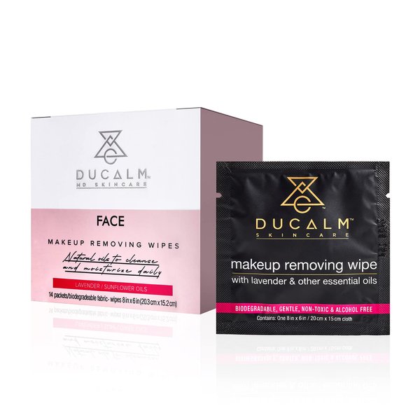 Ducalm Makeup Remover Wipes (14 Count) | Facial Cleansing Wipes Infused with Essential Oils | Natural Face Wipes with Soothing Lavender and Jojoba Oils