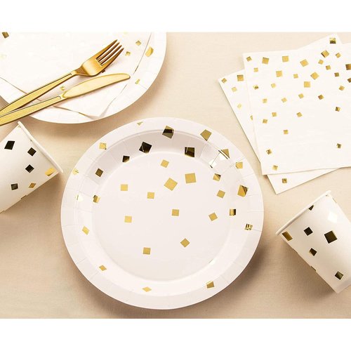 Juvale Gold Paper Plates - 48-Pack Gold Foil Square Confetti 9-Inch Disposable Plates, Gold Party Supplies, Appetizer, Lunch, Dessert Round Party Plates