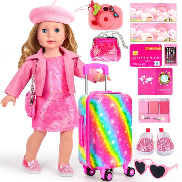 ARTST 18 Inch Doll Clothes Accessories, American 18 inch Doll Suitcase- Glasses,Beret,Shoes,Handbag,Camera, Passport,Mobile Phone Travel Set Toys for 3-12 Girls