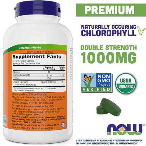 NOW Foods Organic Spirulina 1000mg Tablets - 300 Count (Pack of 2) - Non-GMO, Super Green Whole Food Supplement - Double Strength 1000 mg - Naturally Occurring Beta-Carotene (VIT A), B-12 and GLA