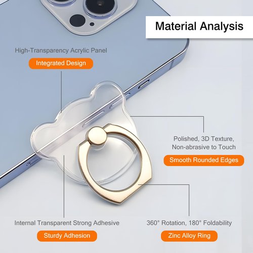 [2 Pack] Transparent Finger Ring Cell Phone Ring Holder Stand,360 Degree Rotation and 180 Degree Adjustable Finger Ring Kickstand with Polished Electroplated Phone Grip-Bear