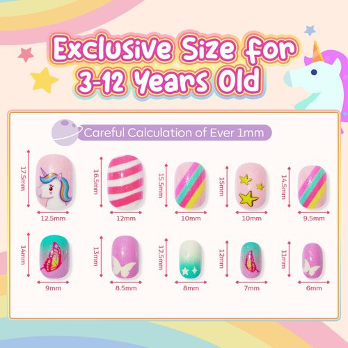Modelones 144Pcs 6 Pack Press on Nails for Kids Children Acrylic Fake Nails Pre-glue Full Cover Glitter Gradient Color Butterfly Unicorn Short False Nail Art Kits Sets Gifts for Kids Girls