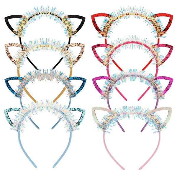 WHAVEL Cat Ears Headband 8 PCS Cat Ears Shiny Sequin Cat Ears Cute Cat Headband