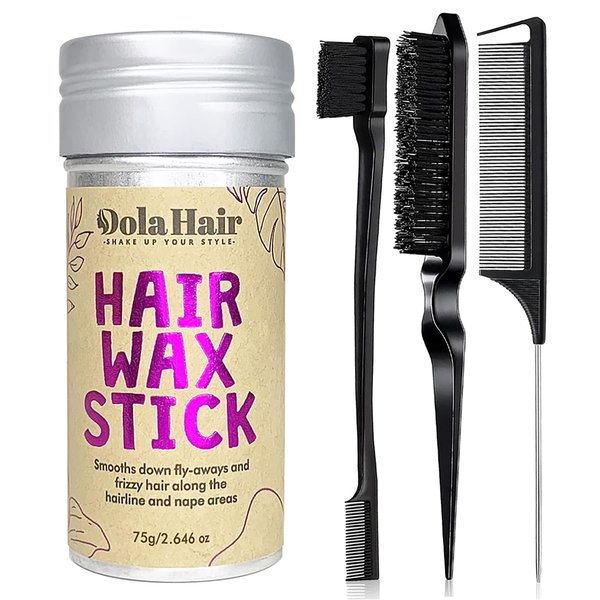 Dolahair Hair Wax Stick for Flyaways, Kids & Women's Hair - Hair Bun Maker, Slick Back Brush, 3 Pcs Set (1 Wax + 3 Brushes)