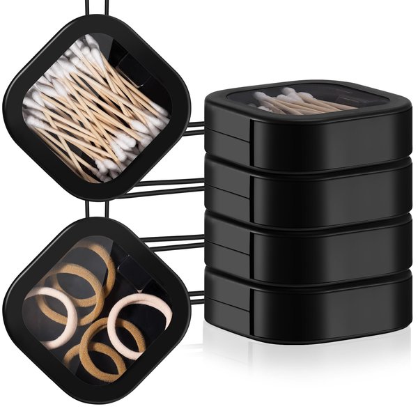 Kathfly 4 Pcs Hair Tie Organizer Portable Hair Accessory Storage Containers Stackable Hair Tie Bobby Pin Holder Home Cotton Swab Dispenser Hair Accessories Jewelry Organizer Box(Black)