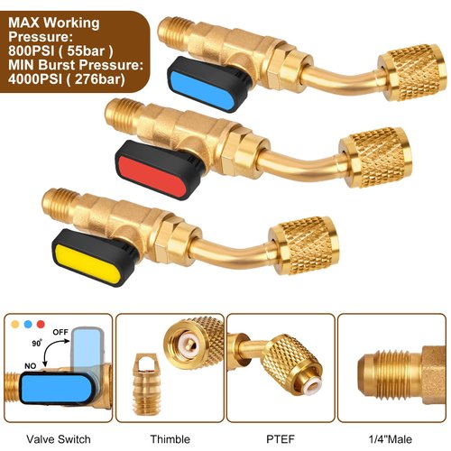 WADEO Air Conditioner Refrigerant Angled Ball Valve for R410A R134A R12 R22 AC HVAC with R410A Adapter, Vacuum Pump and R134A Refrigerant Tank Adapter, Valve Core and Remover for Mini Split System