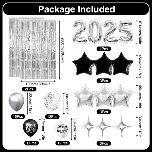 New Years Eve Party Supplies 2025 Silver, 86 Pcs Happy New Year Decorations 2025 Silver, New Years Eve Decorations Black And Silver, New Years Decorations 2025
