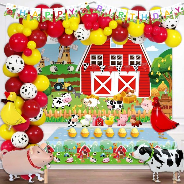 Fiesec Farm Party Decorations, Farm Animal Themed Birthday Party Decorations Backdrop Balloon Arch Garland Banner Tablecloth Cake Cupcake Topper Barn Animals Red Yellow